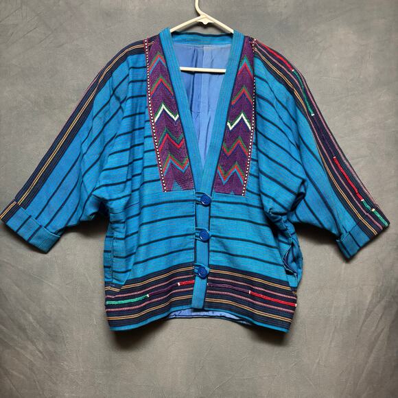 Oversized Hand Knit Mexican Drug Rug Blazer Jacket Button Down Cultural Pockets - Picture 1 of 14